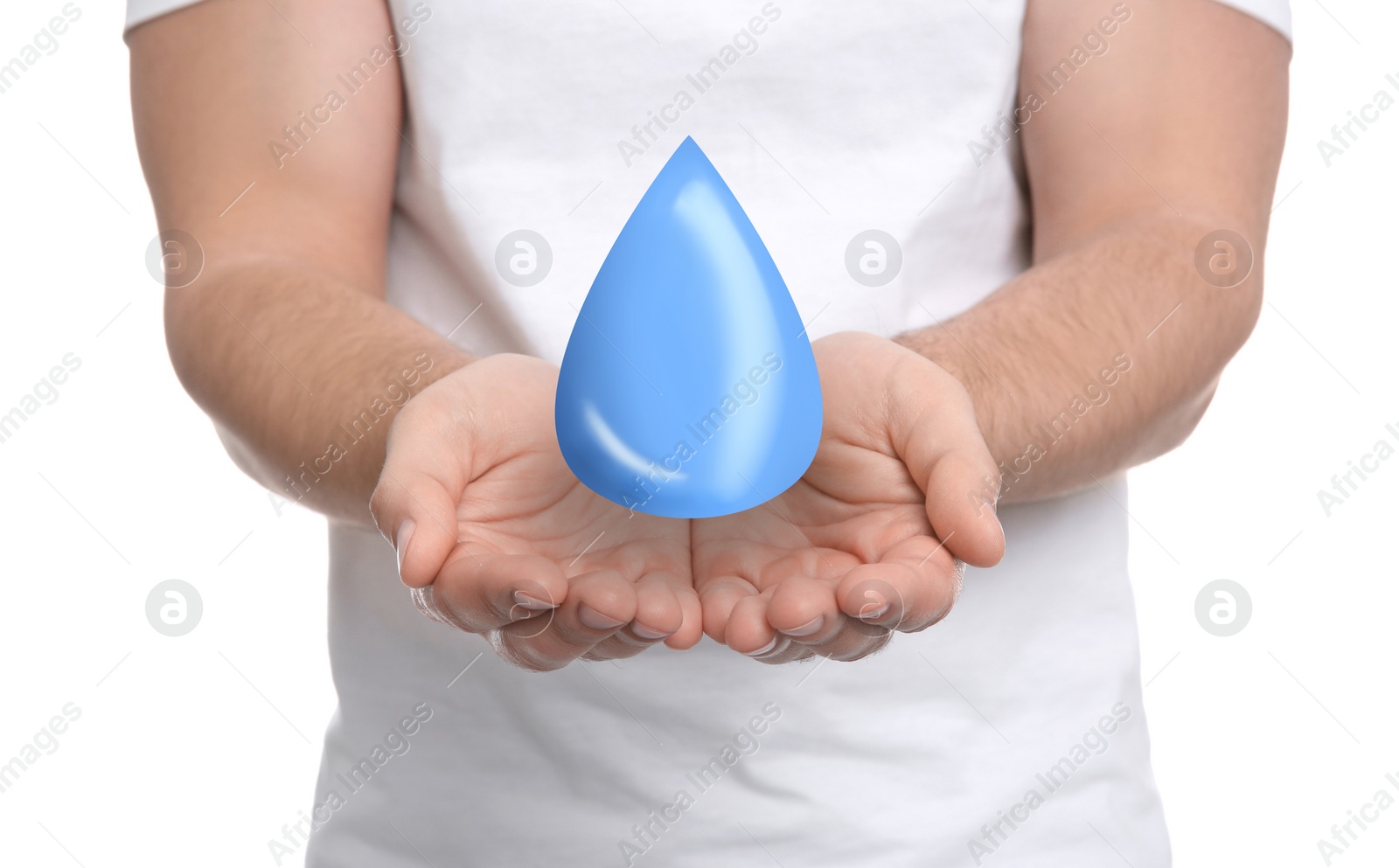 Image of Man holding water drop on white background, closeup. Ecology protection