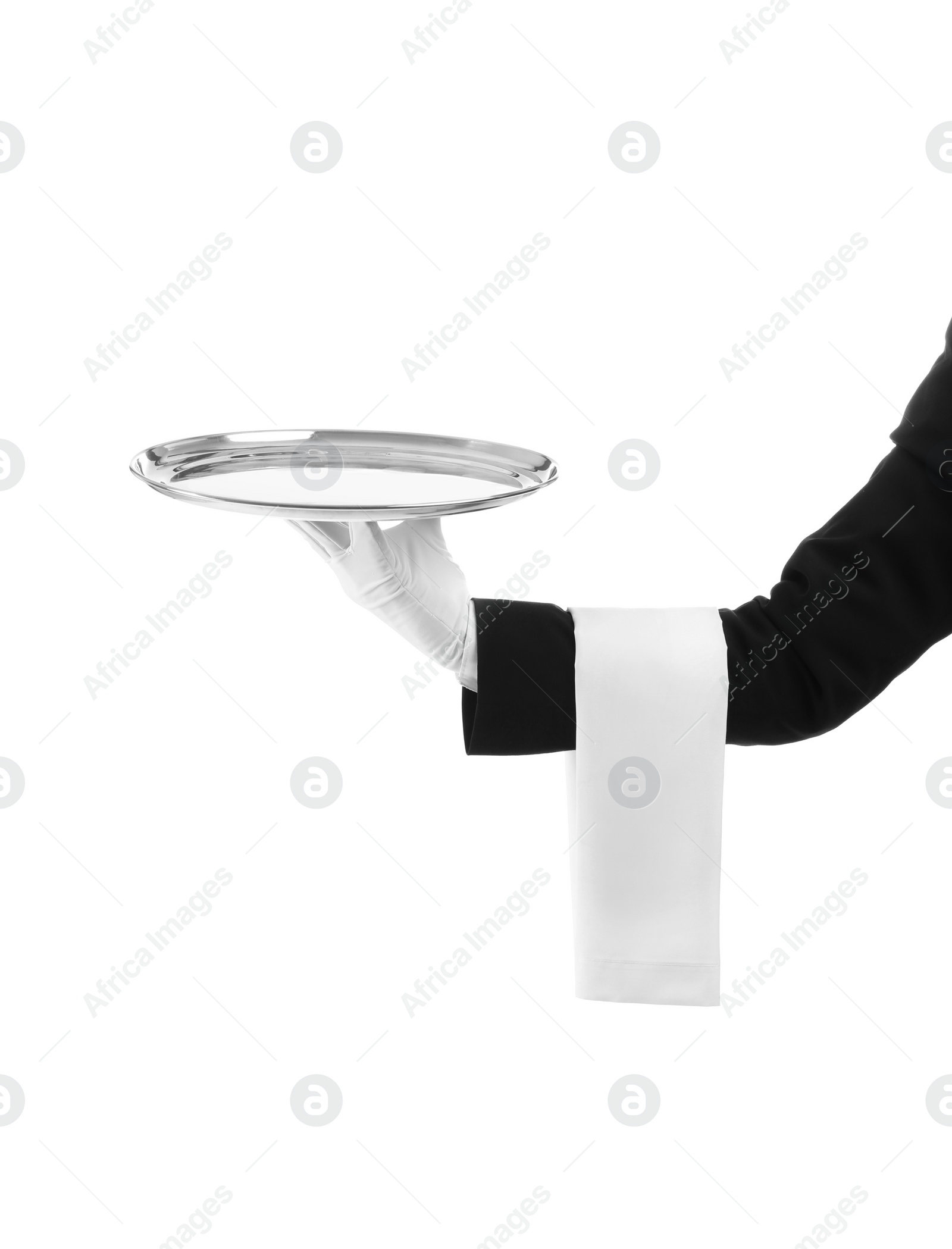 Photo of Waiter holding metal tray on white background