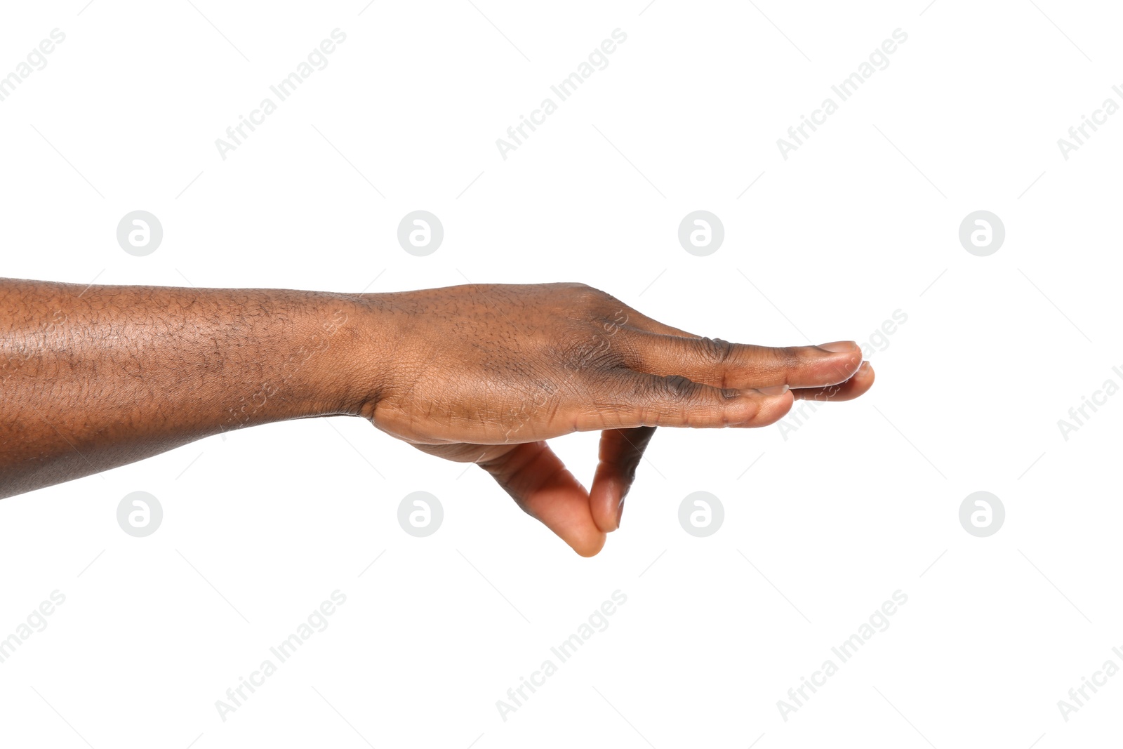 Photo of African-American man holding something in hand on white background, closeup