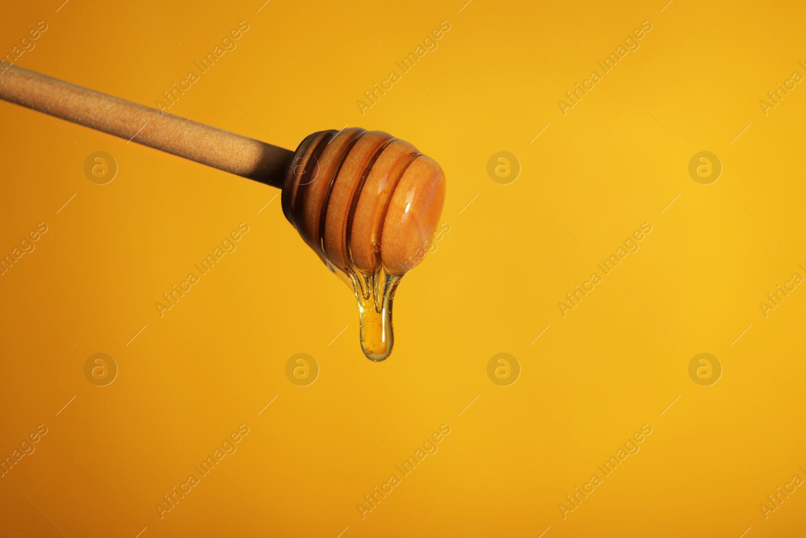 Photo of Dipper with dripping honey on color background, closeup. Space for text