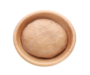 Photo of Bowl with raw rye dough on white background, top view