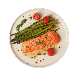 Tasty grilled salmon with tomatoes, asparagus and spices isolated on white, top view