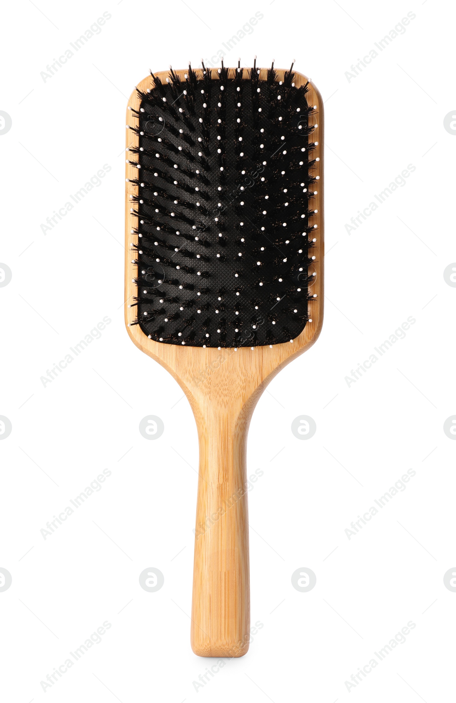 Photo of One new wooden hairbrush isolated on white