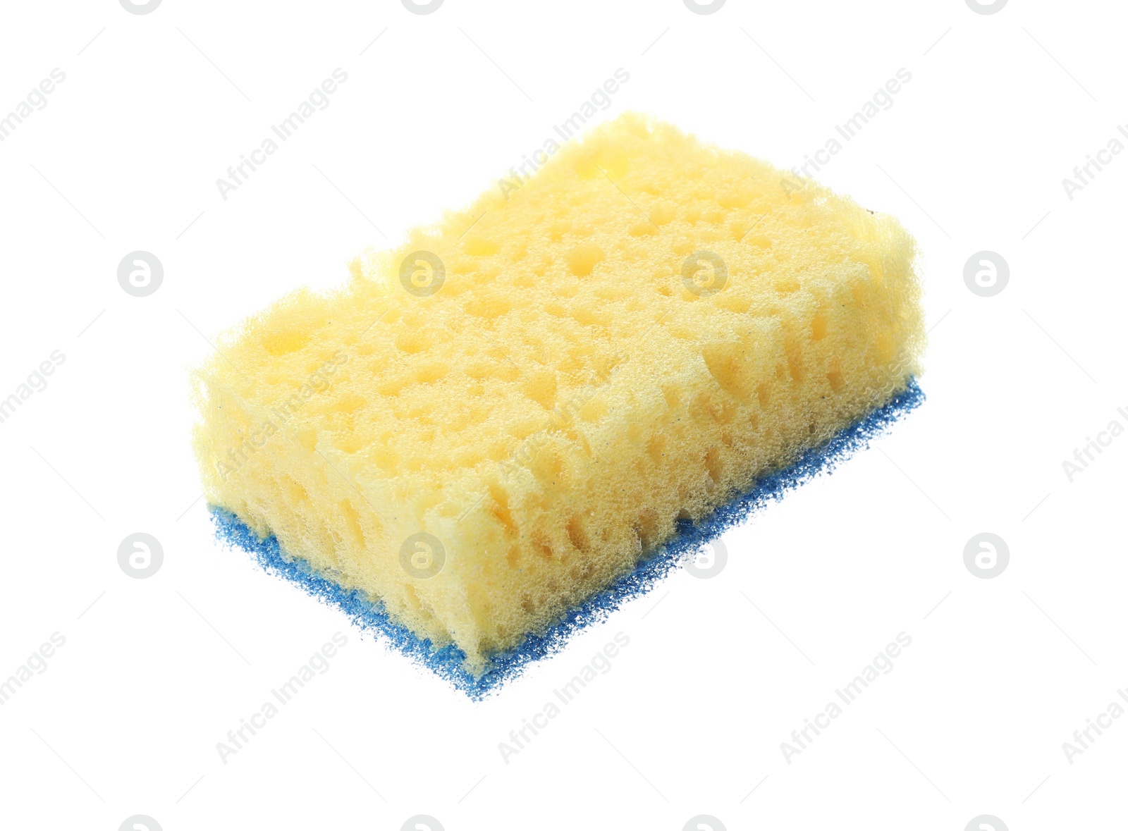 Photo of Yellow cleaning sponge with abrasive light blue scourer isolated on white