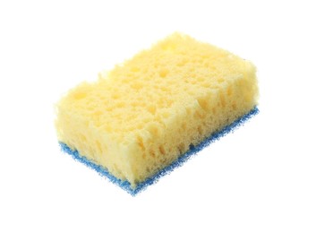 Photo of Yellow cleaning sponge with abrasive light blue scourer isolated on white