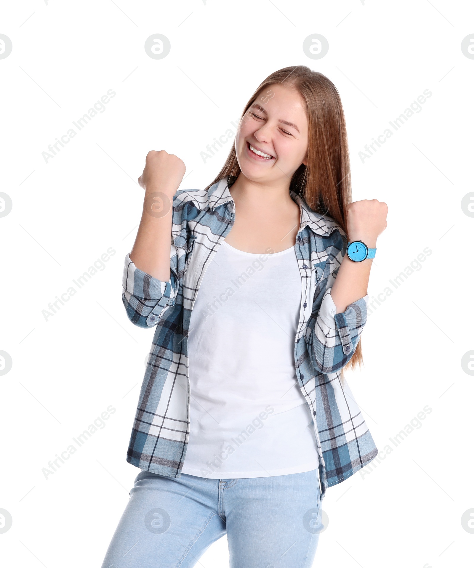 Photo of Portrait of emotional teenage girl on white background