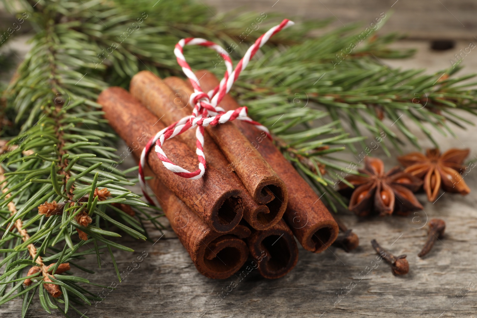 Photo of Different spices and fir branches on wooden table, closeup