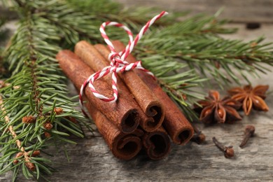 Different spices and fir branches on wooden table, closeup