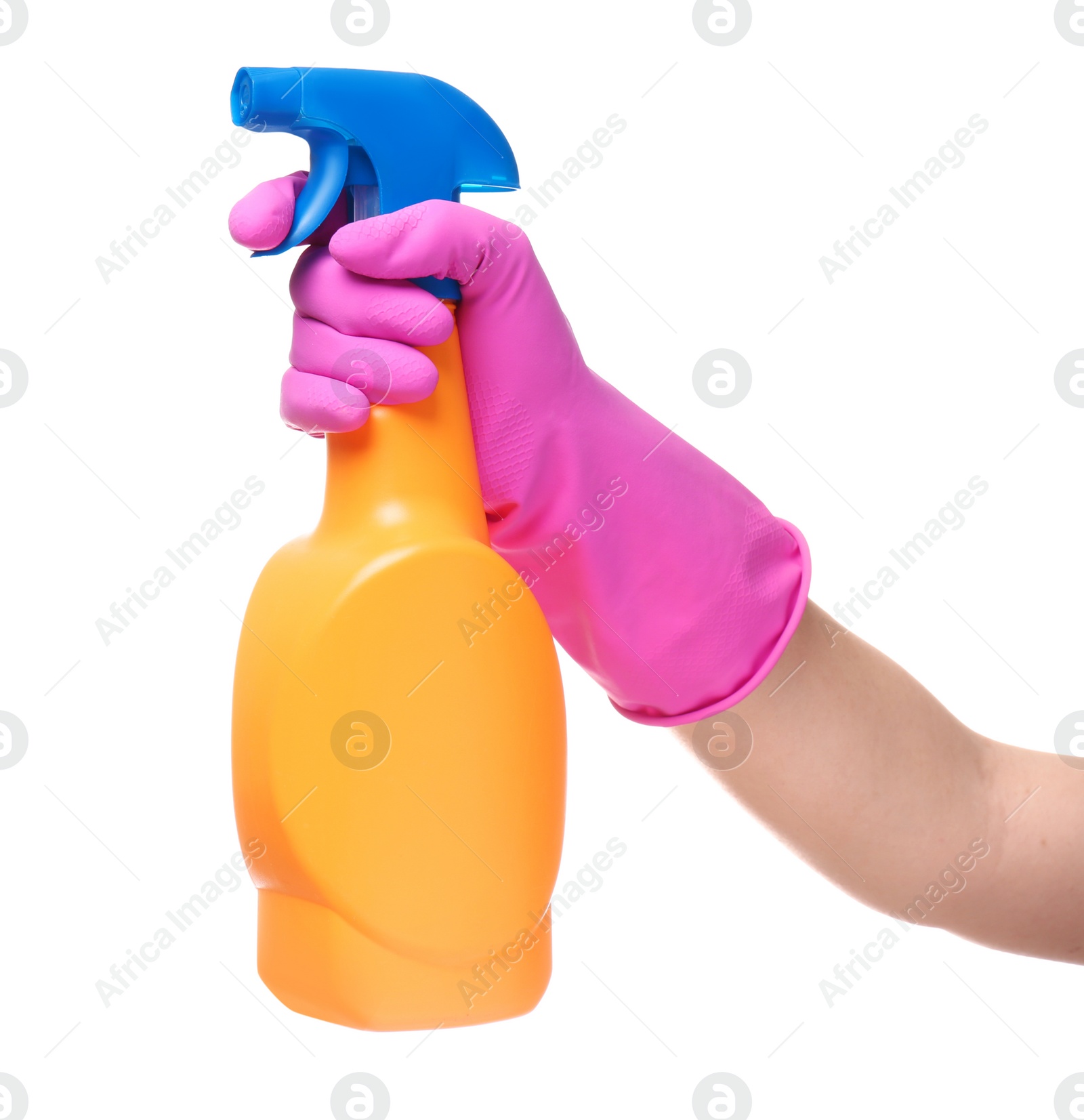 Image of Woman holding spray bottle with detergent on white background, closeup