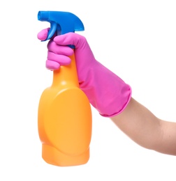 Woman holding spray bottle with detergent on white background, closeup