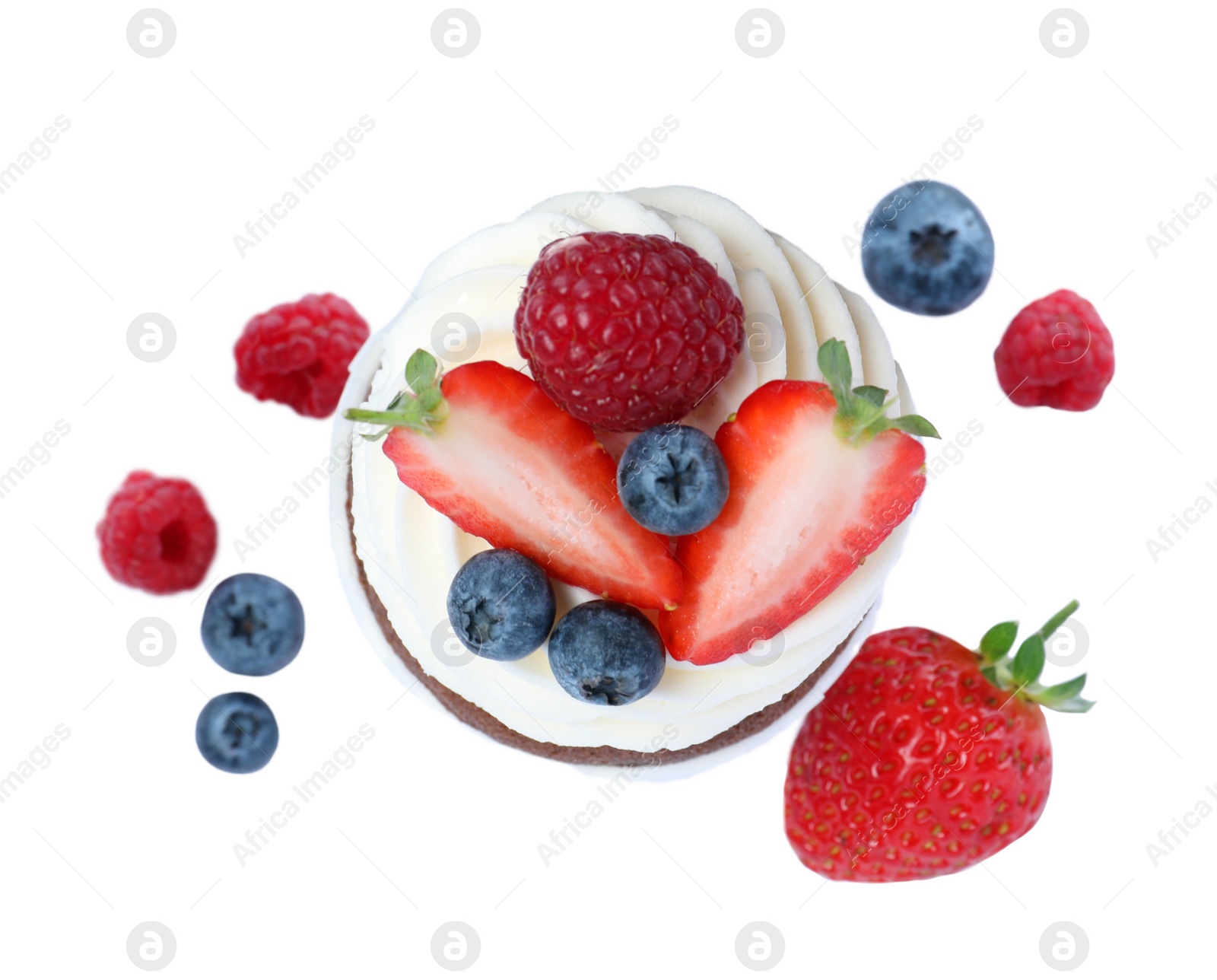 Photo of Sweet cupcake with fresh berries on white background, top view