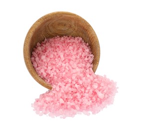 Photo of Overturned bowl with pink sea salt isolated on white