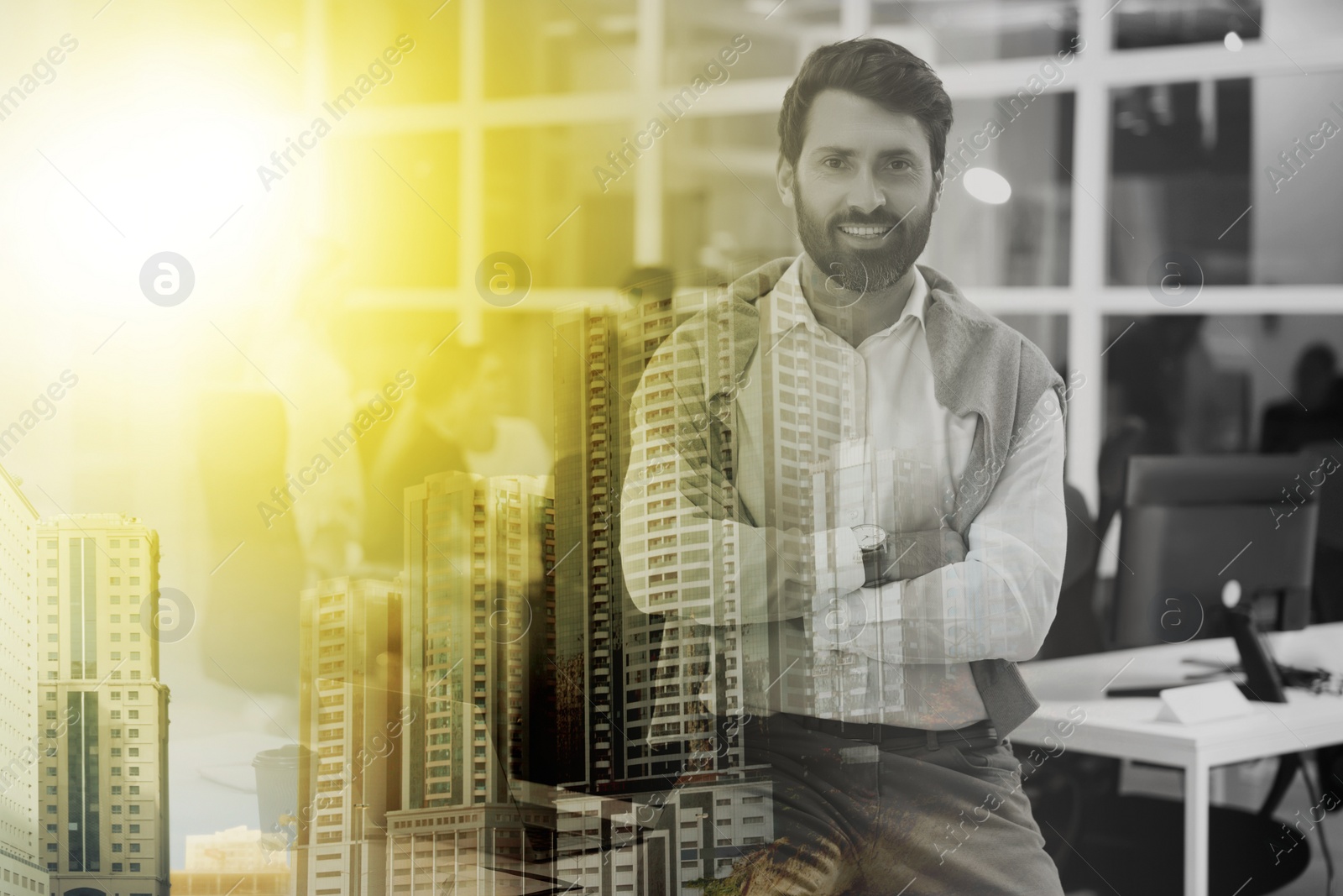 Image of Double exposure of successful businessman and cityscape