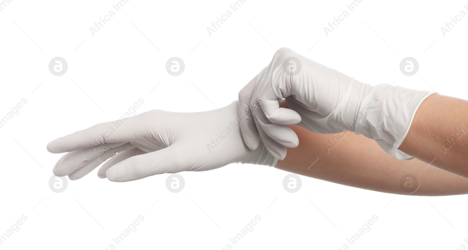 Photo of Doctor wearing medical gloves on white background, closeup