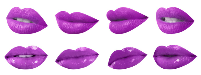 Set of mouths with beautiful makeup on white background, banner design. Stylish violet lipstick