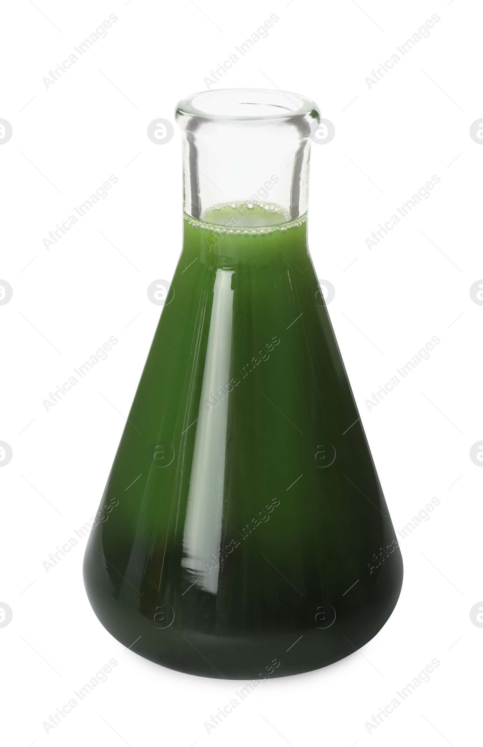 Photo of Flask with green crude oil isolated on white