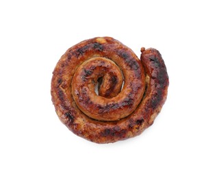 One ring of delicious homemade sausage isolated on white, top view