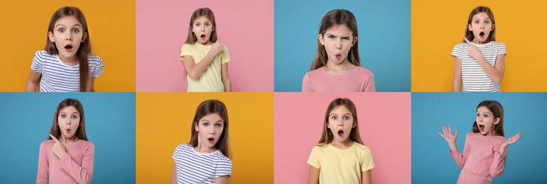 Image of Collage with photos of surprised girl on different color backgrounds
