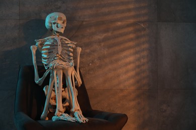 Waiting concept. Human skeleton sitting in armchair indoors, space for text