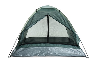 Photo of Comfortable dark green camping tent on white background