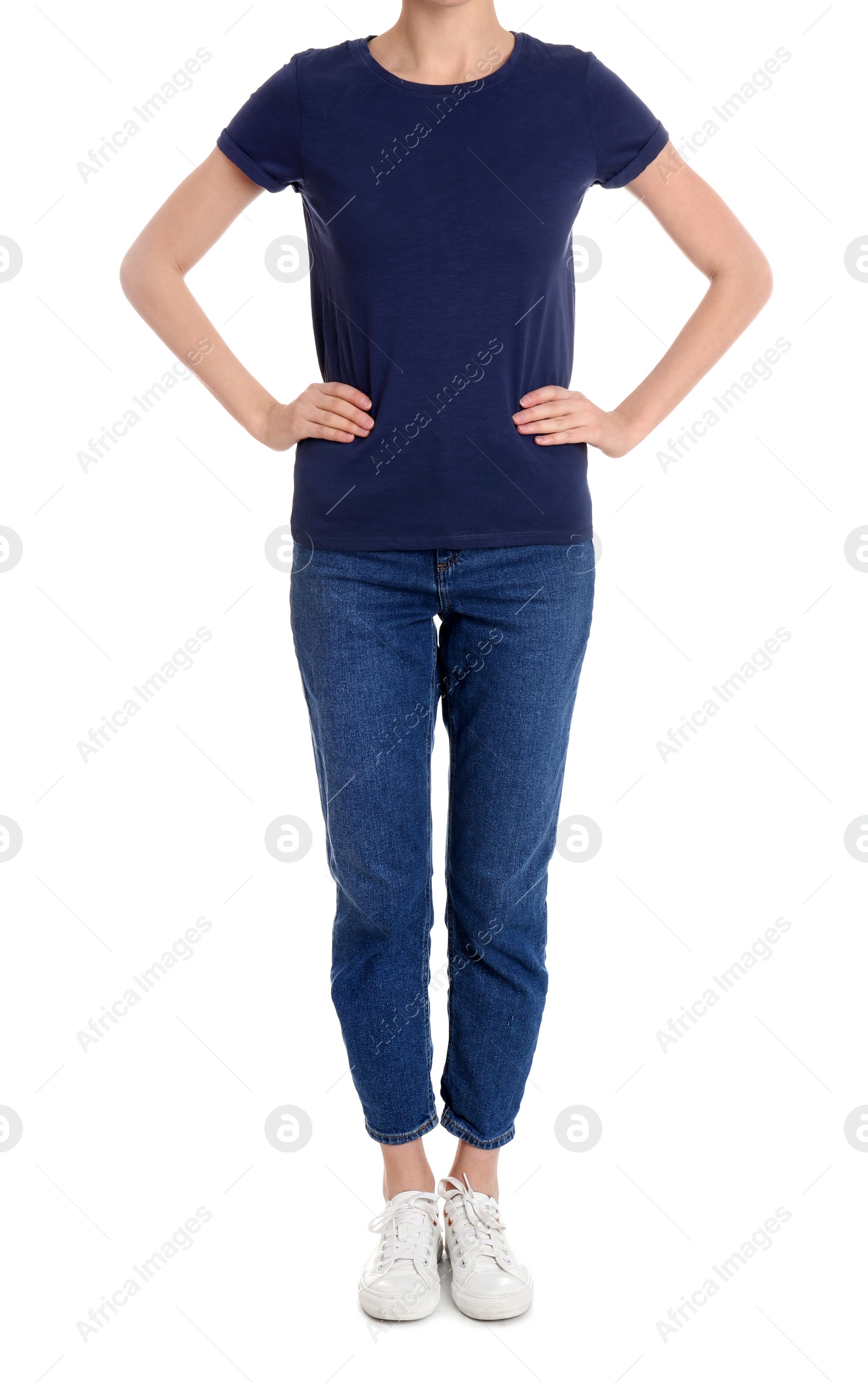 Photo of Young slim woman on white background, closeup. Weight loss