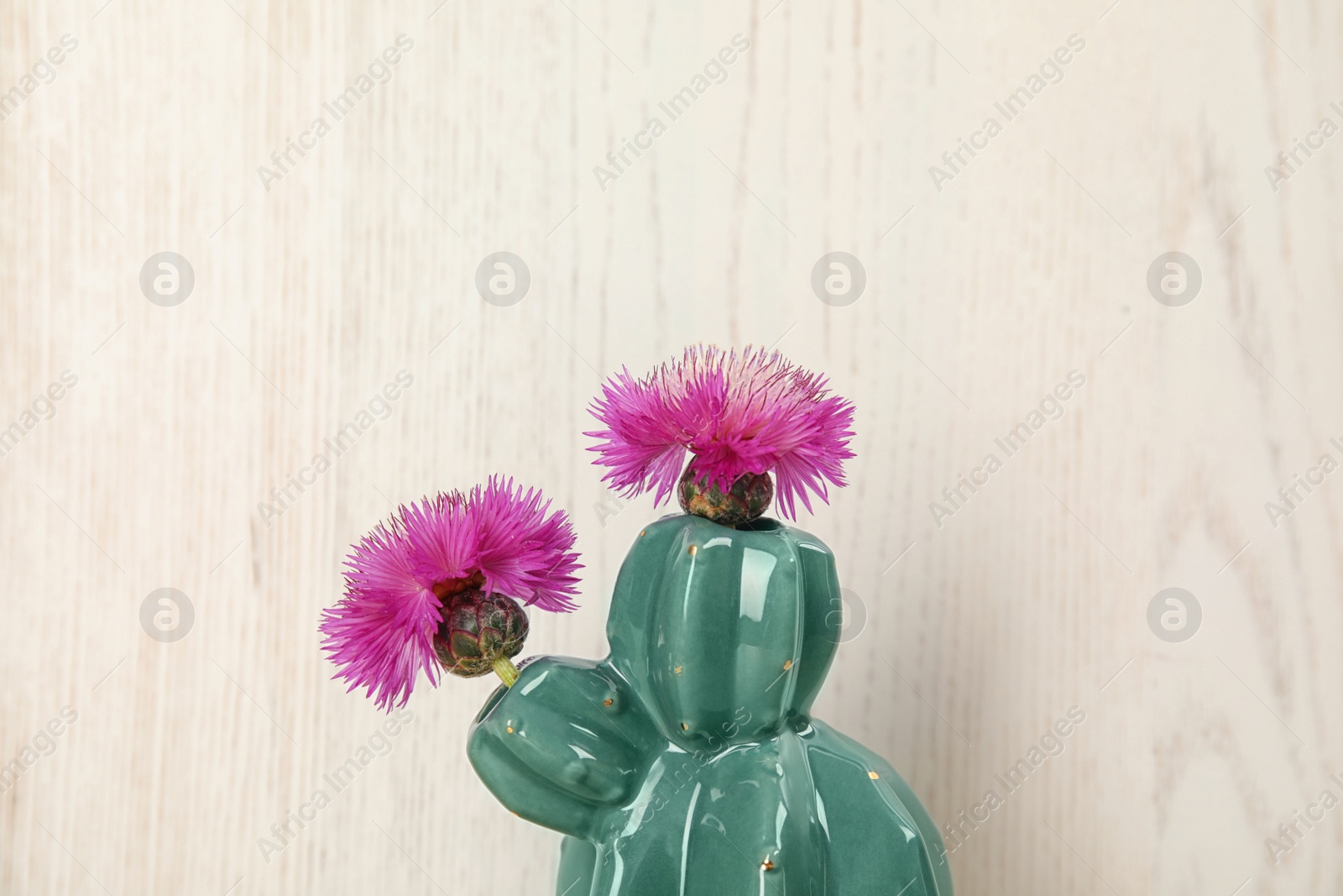 Photo of Trendy cactus shaped ceramic vase with flowers on wooden background