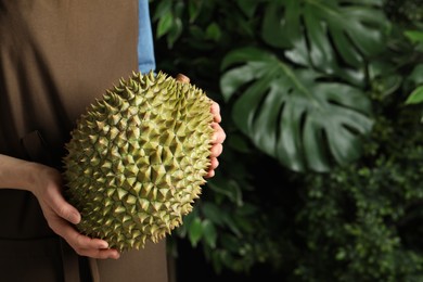 Photo of Woman holding fresh ripe durian outdoors, closeup. Space for text