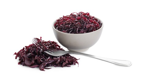 Photo of Bowl and spoon with tasty red cabbage sauerkraut isolated on white