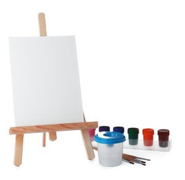 Photo of Wooden easel with blank canvas board and painting tools for children on white background