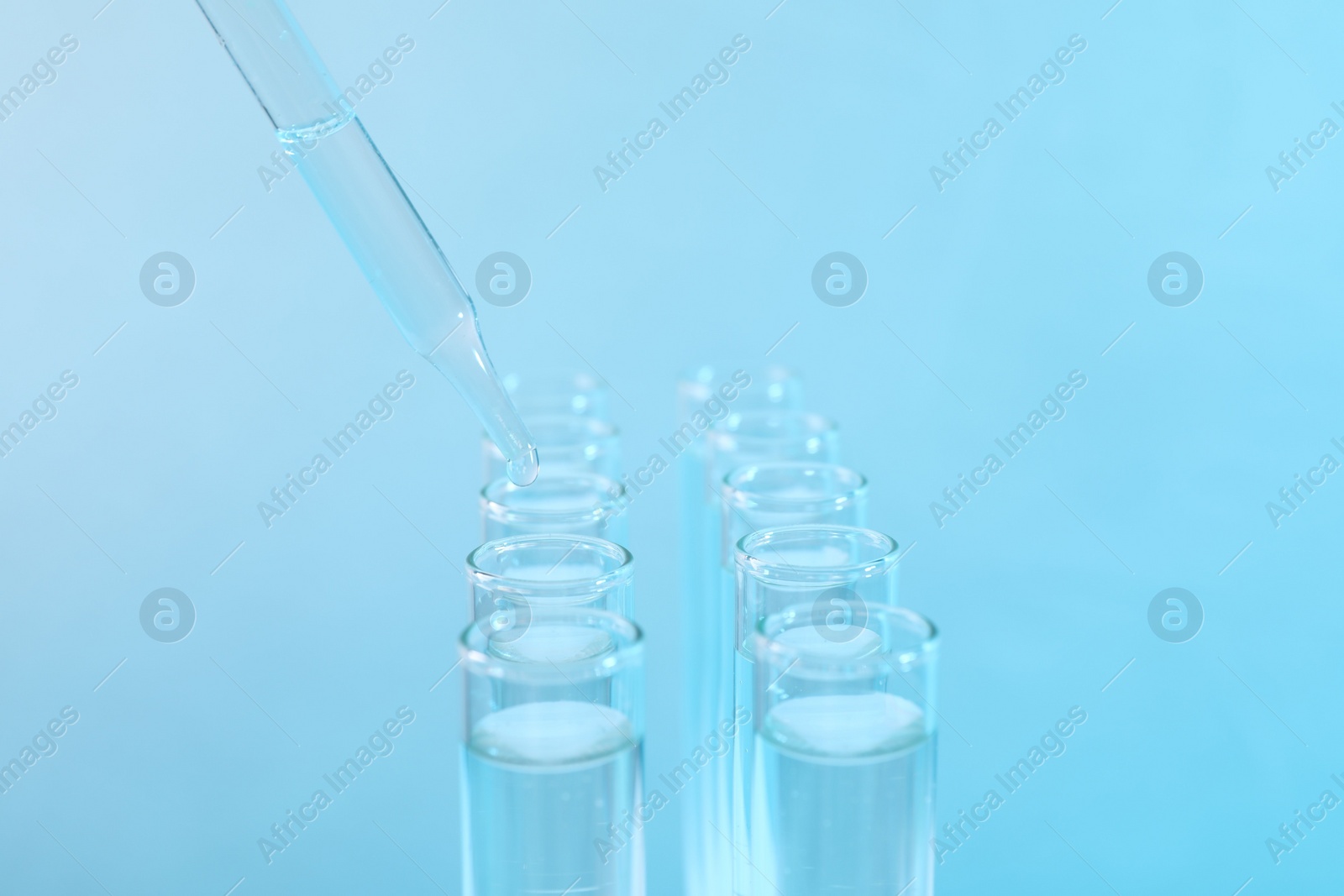 Photo of Laboratory analysis. Dripping reagent into test tube on light blue background, closeup