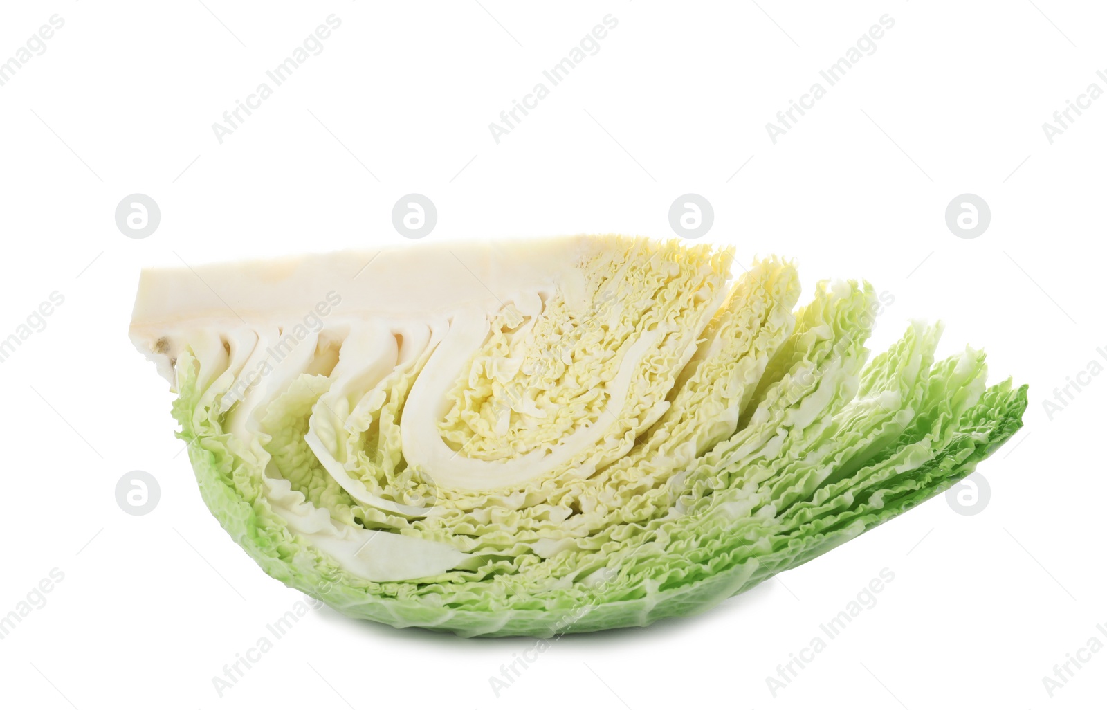 Photo of Fresh cut savoy cabbage on white background