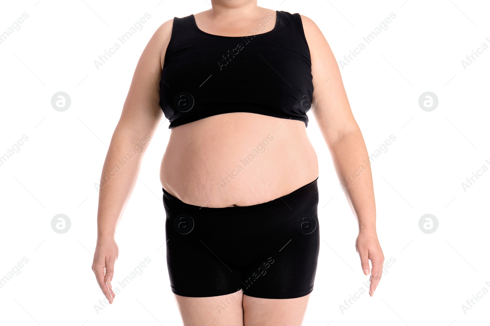 Photo of Fat woman on white background, closeup. Weight loss