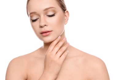 Photo of Portrait of young woman with beautiful face on white background, closeup