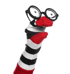 Funny sock puppet with glasses isolated on white