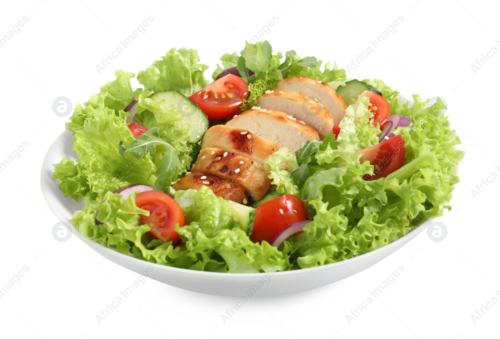 Photo of Delicious salad with chicken and vegetables in bowl isolated on white