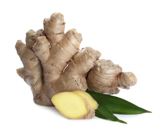 Photo of Whole and cut fresh ginger with leaves isolated on white