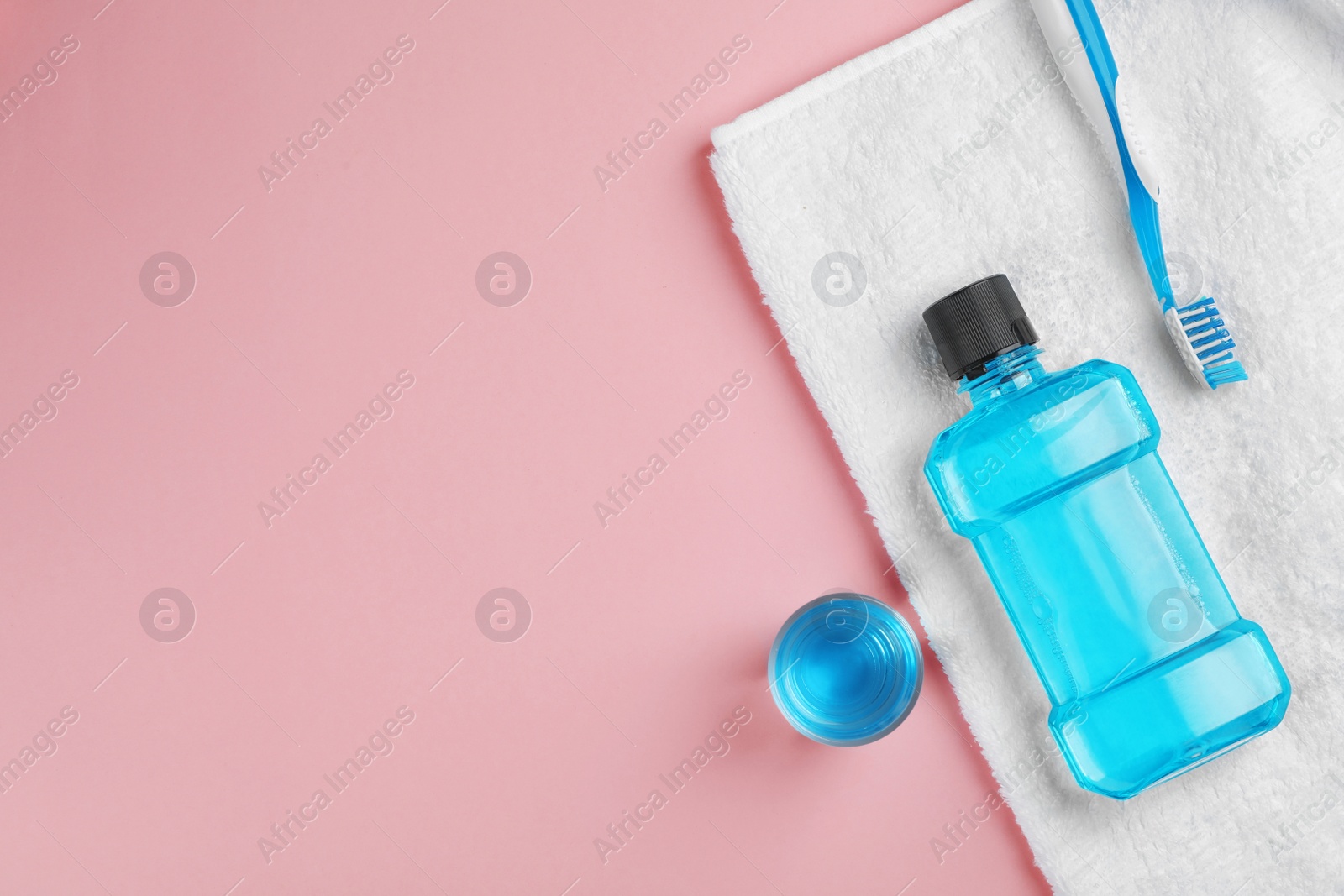 Photo of Flat lay composition with oral care products and space for text on color background. Teeth hygiene