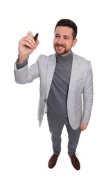 Photo of Handsome bearded businessman with marker on white background, above view