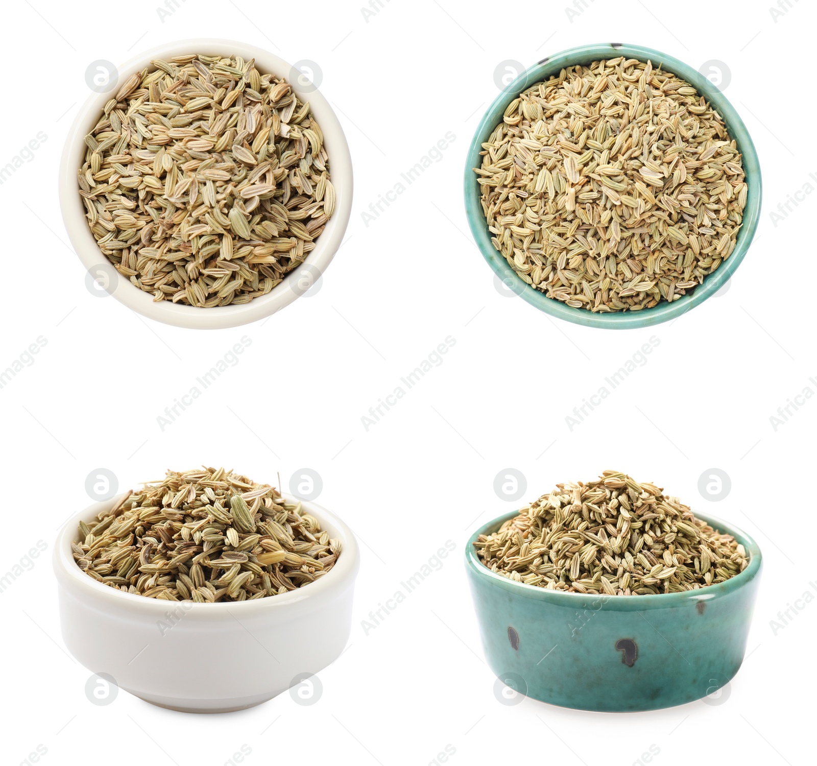 Image of Fennel seeds in bowls isolated on white, top and side views