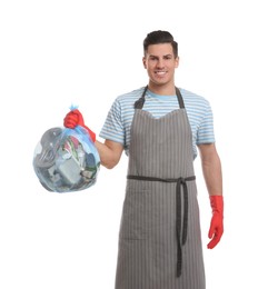 Photo of Man holding full garbage bag on white background