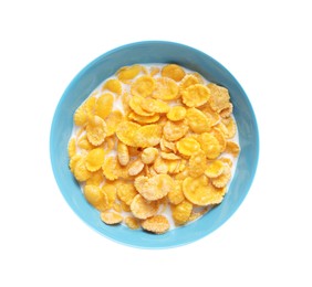 Photo of Tasty corn flakes with milk in bowl isolated on white, top view