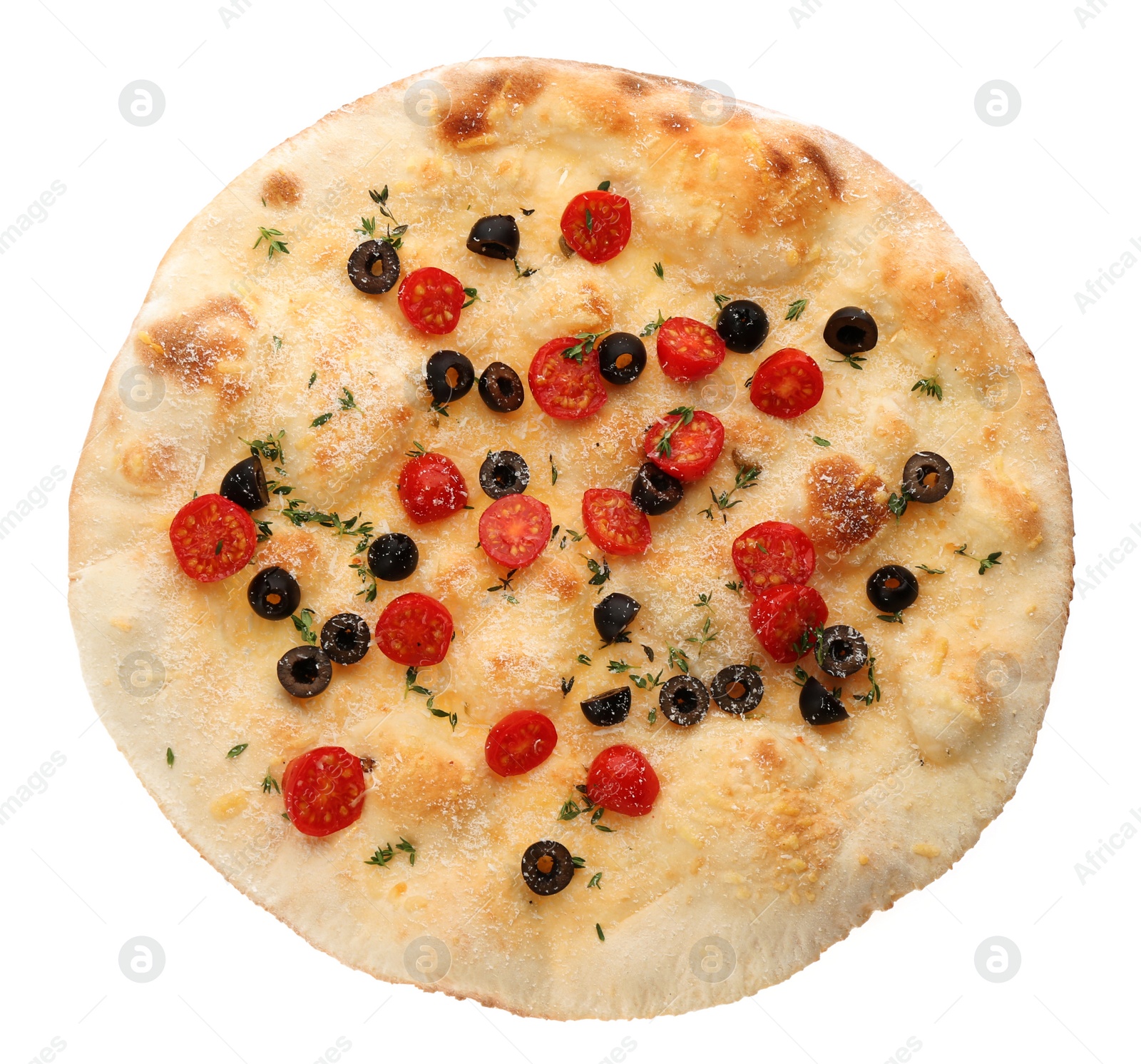 Photo of Traditional Italian focaccia bread with olives, cheese, tomatoes and thyme isolated on white, top view