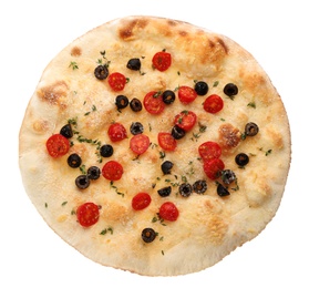 Photo of Traditional Italian focaccia bread with olives, cheese, tomatoes and thyme isolated on white, top view