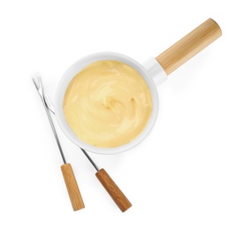 Photo of Pot of tasty cheese fondue and forks isolated on white, top view