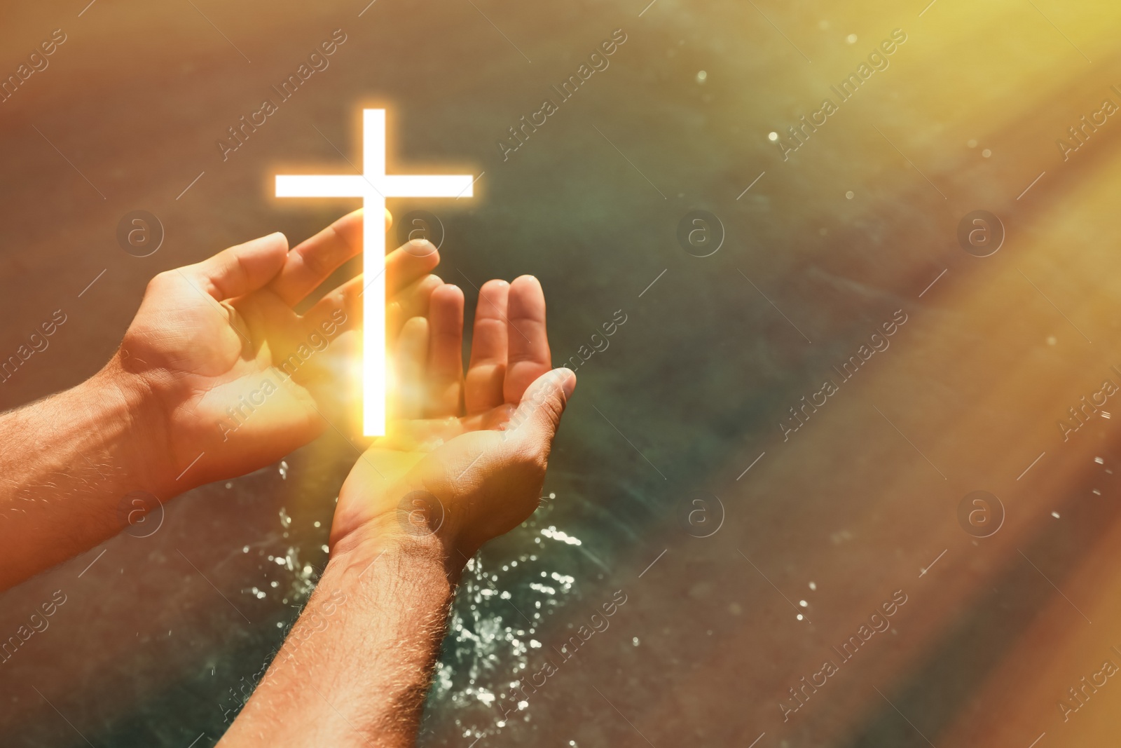 Image of Man and cross silhouette outdoors, closeup view with space for text. Belief in Jesus Christ 