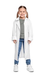 Photo of Full length portrait of little girl in medical uniform on white background