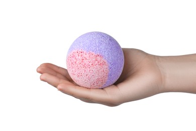 Photo of Woman holding bath bomb on white background, closeup