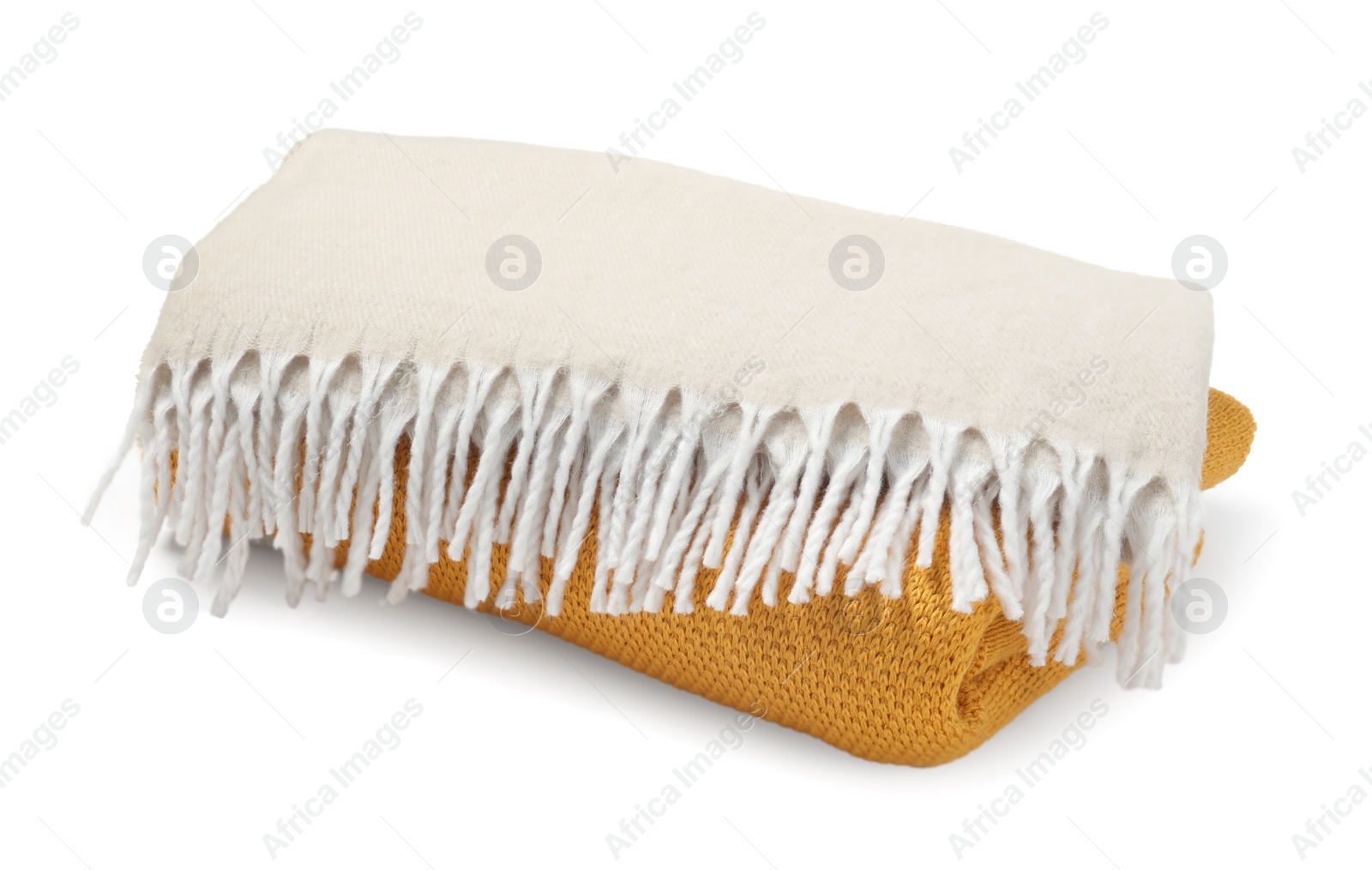 Photo of Stack of folded warm blankets isolated on white