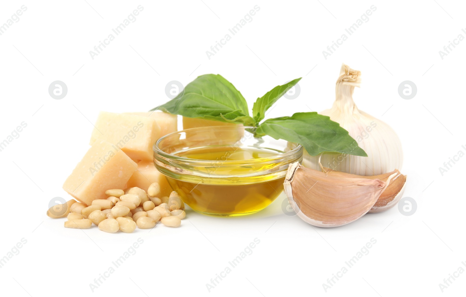 Photo of Different ingredients for cooking tasty pesto sauce isolated on white