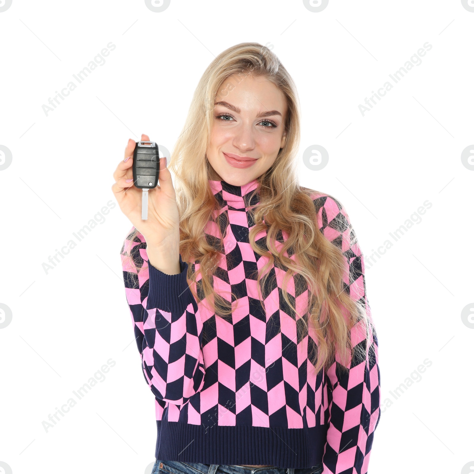 Photo of Happy young woman with car key on white background. Getting driving license